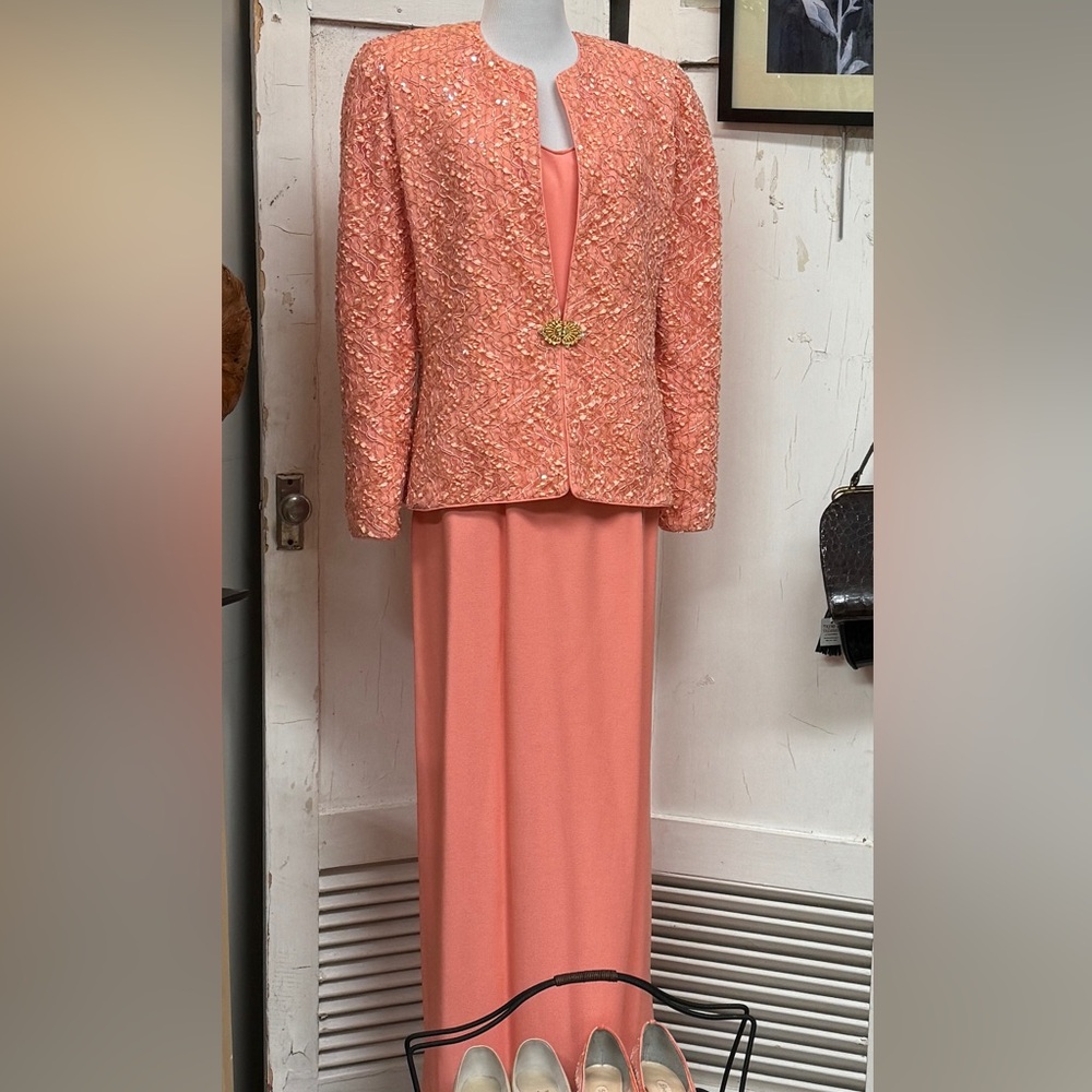 Timeless Coral Vintage Full-Length Dress with Bejeweled & Sequined Long Sleeve…